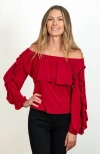 Jjwinks Vixen Built-in Shelf Off-the-shoulder Long Sleeve Ruffle Holiday Top In Crimson