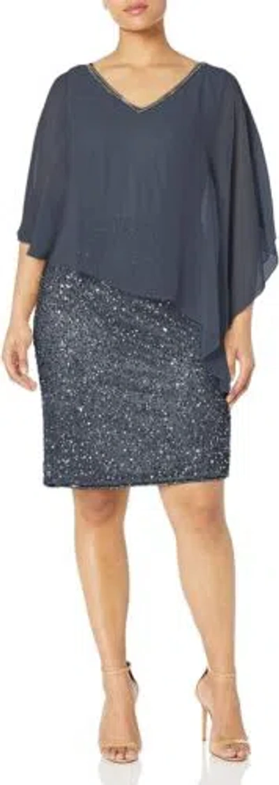 Pre-owned Jkara J Kara Women's Plus Size Caplet Short Cocktail Beaded Dress In Grey/multi