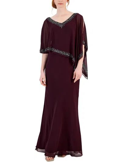Jkara Womens Beaded Asymmetric Evening Dress In Burgundy