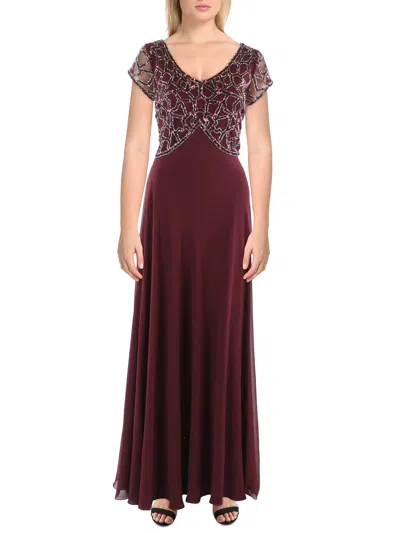 Jkara Womens Beaded Long Evening Dress In Burgundy