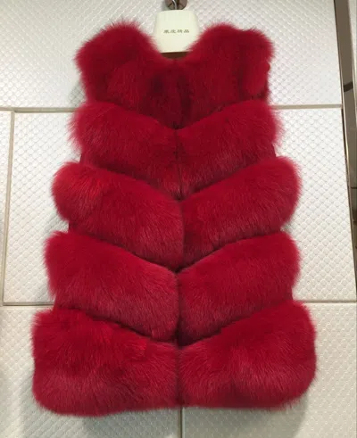 Pre-owned Jkkfurs Real Fox Fur Vest Women Long Gilet Overcoat Sleeveless Coat 5 Rows51571 In Red