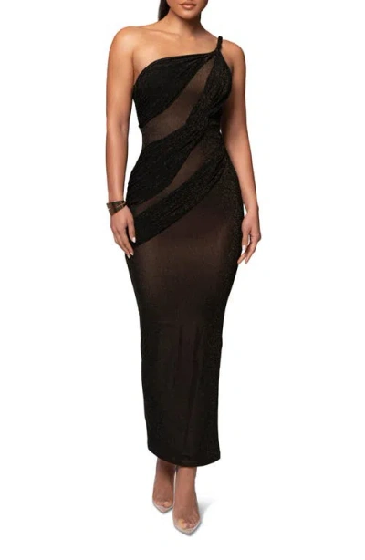 Jluxlabel Alari One-shoulder Sparkle Mesh Gown In Black