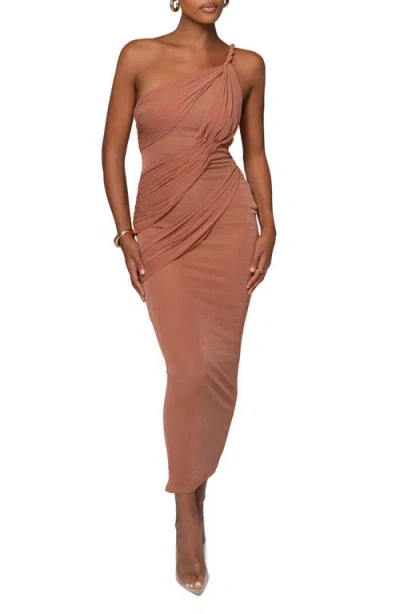 Jluxlabel Alari One-shoulder Sparkle Mesh Gown In Orange