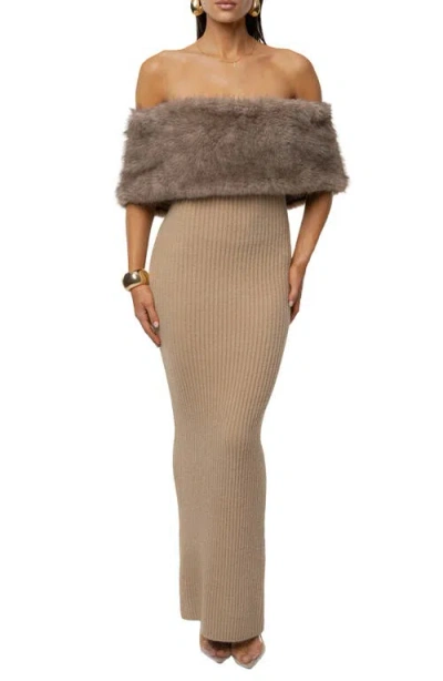 Jluxlabel Aspen Hour Faux Fur Detail Off-the-shoulder Rib Knit Dress In Brown