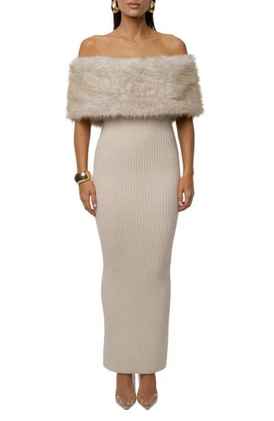 Jluxlabel Aspen Hour Faux Fur Detail Off-the-shoulder Rib Knit Dress In White