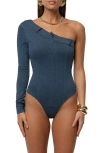 Jluxlabel Button Me Up One-shoulder Bodysuit In Blue