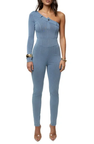 Jluxlabel Button Me Up One-shoulder Bodysuit In Blue