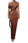 Jluxlabel Celestina Metallic Drape Gown In Brown