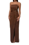 Jluxlabel Chocolate Xena Belted Strapless Faux Suede Maxi Dress In Brown