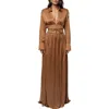 Jluxlabel Collar Long Sleeve Satin Gown In Brown