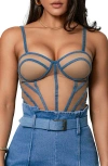 Jluxlabel Denim Illusion Mesh Bustier Top In Beige