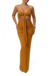 Jluxlabel Drape Cutout Strapless Body-con Maxi Cocktail Dress In Brown