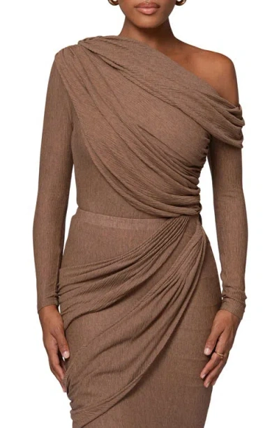 Jluxlabel Draped One-shoulder Bodysuit In Brown