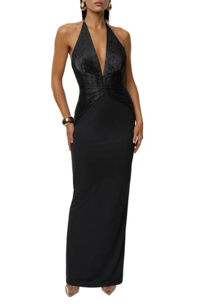 Jluxlabel Enchanted Plunge Neck Mixed Media Gown In Black