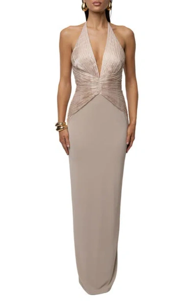 Jluxlabel Enchanted Plunge Neck Mixed Media Gown In White