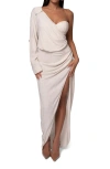 Jluxlabel Evita Single Long Sleeve Cotton & Linen Maxi Dress In Beige