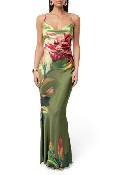 Jluxlabel Floral Satin Maxi Slipdress In Green