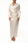 Jluxlabel Front Wrap Long Sleeve Satin Maxi Dress In Neutral