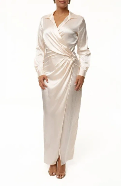 Jluxlabel Front Wrap Long Sleeve Satin Maxi Dress In Neutral
