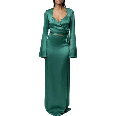 Jluxlabel Golden Eve Satin Long Sleeve Top & Maxi Skirt Set In Green