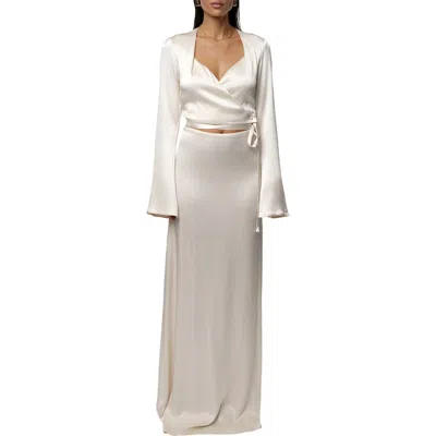 Jluxlabel Golden Eve Satin Long Sleeve Top & Maxi Skirt Set In White
