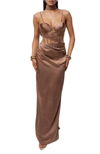 Jluxlabel Golden Hour Corset Satin Maxi Cocktail Dress In Brown