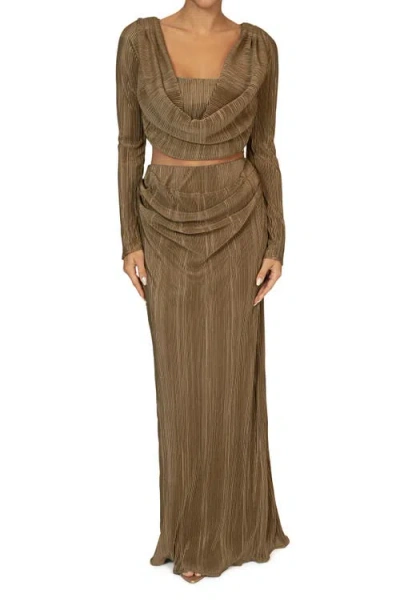 Jluxlabel Haidyn Plissé Long Sleeve Crop Top & Maxi Skirt Set In Green