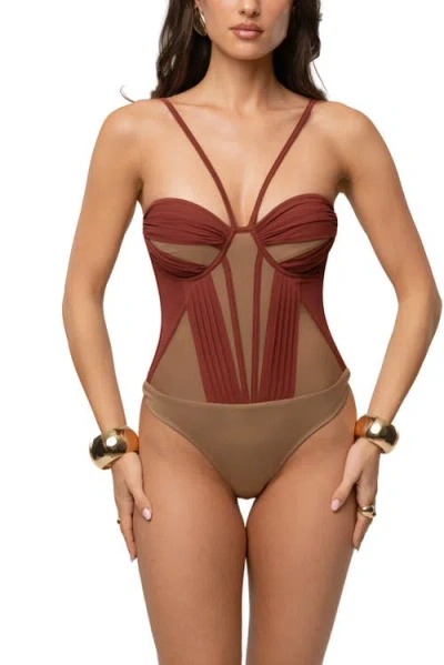 Jluxlabel Illusion Contrast Bodysuit In Brown