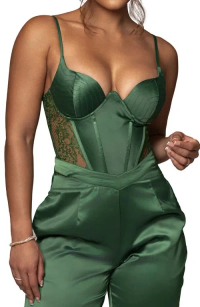 Jluxlabel Incomparable Lace Inset Satin Bodysuit In Green