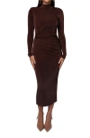 Jluxlabel Kara Long Sleeve Stretch Velvet Midi Cocktail Dress In Brown