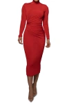 Jluxlabel Kara Long Sleeve Stretch Velvet Midi Cocktail Dress In Red