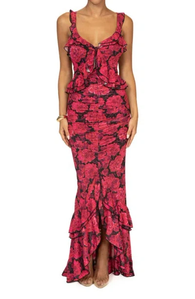 Jluxlabel La Costa Ruffle Stretch Mesh High-low Dress In Pink
