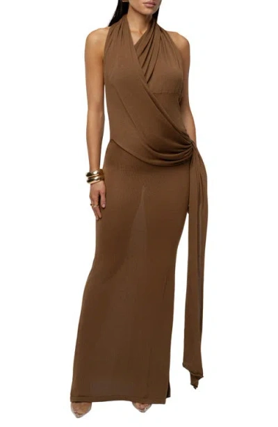 Jluxlabel Miranda Draped Asymmetric Halter Neck Dress In Brown