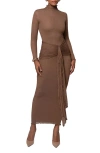 Jluxlabel Mock Neck Long Sleeve Mesh Dress In Brown