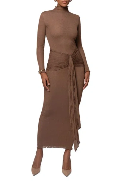 Jluxlabel Mock Neck Long Sleeve Mesh Dress In Brown