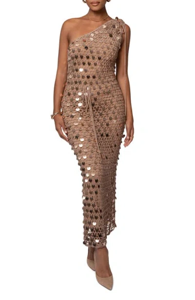 Jluxlabel Opulent Paillette One-shoulder Maxi Dress In Beige