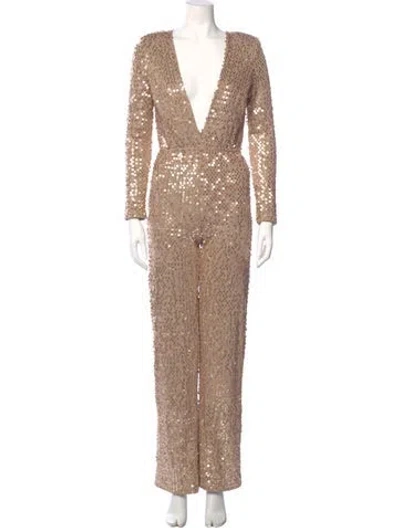 Pre-owned Jluxlabel Patterned Plunge Neckline Jumpsuit In Brown