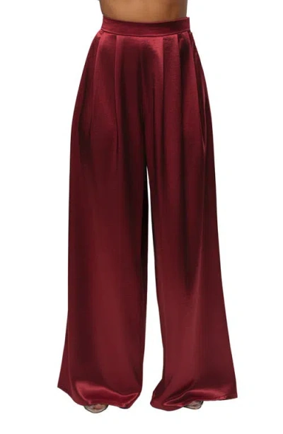 Jluxlabel Pleated Wide Leg Satin Pants In Burgundy