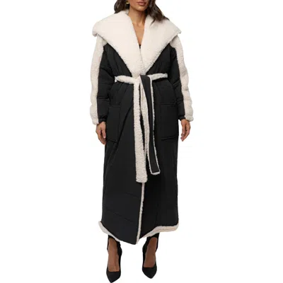 Jluxlabel Quilted Longline Coat With High Pile Fleece Lining In Black