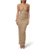 Jluxlabel Ruched Metallic Tie Back Maxi Dress In Brown
