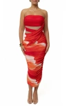 Jluxlabel Ruched Strapless Body-con Midi Dress In Red