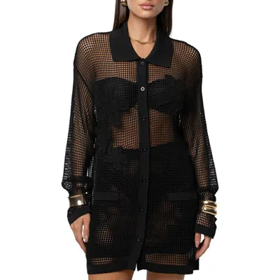 Jluxlabel Solara Floral Appliqué Open Stitch Cover-up Shirt In Black