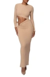 Jluxlabel Summer Romance Cutout Long Sleeve Maxi Dress In Beige