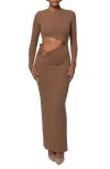 Jluxlabel Summer Romance Cutout Long Sleeve Maxi Dress In Brown