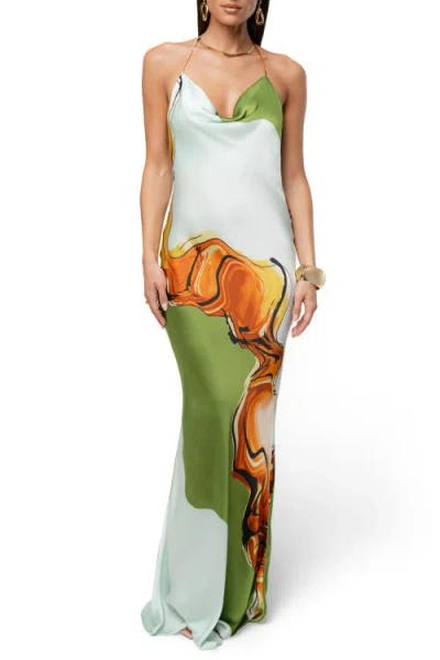 Jluxlabel Tropical Print Golden Touch Satin Dress In Green