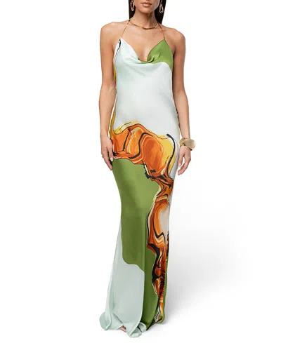 Jluxlabel Tropical Print Golden Touch Satin Dress In Green