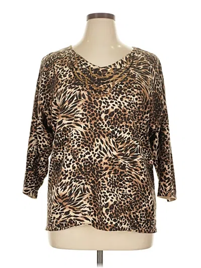 Pre-owned Jm Collection 3/4 Sleeve Top Brown Animal Print Pattern Scoop Neck Tops