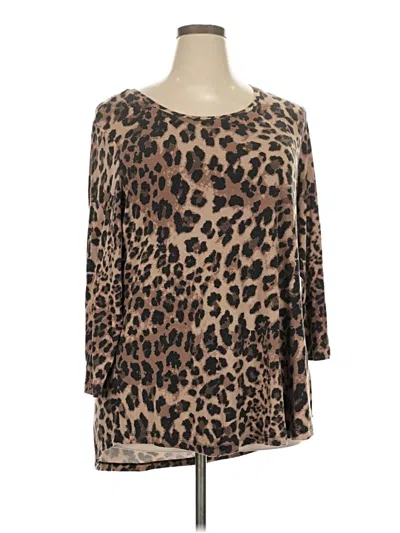 Pre-owned Jm Collection 3/4 Sleeve Top Brown Animal Print Pattern Scoop Neck Tops