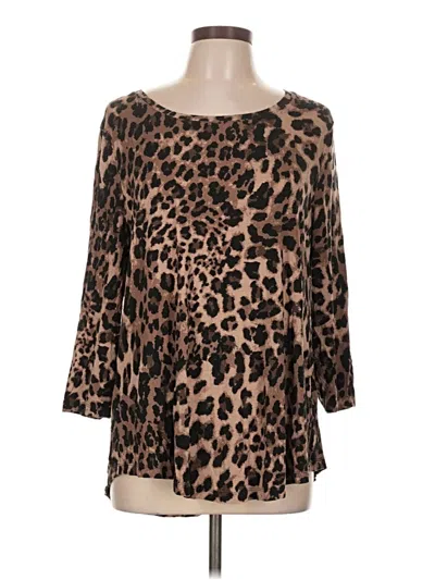Pre-owned Jm Collection 3/4 Sleeve Top Brown Animal Print Pattern Scoop Neck Tops