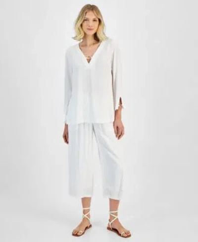 Jm Collection Linen Blend Split Cuff Top Smocked Waist Pants Created For Macys In Bright White